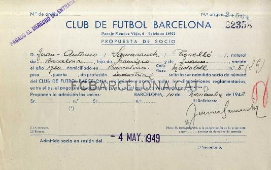 Samaranch, soci del FC Barcelona des del 1949.