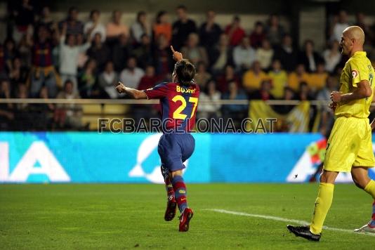 Primer gol de Bojan en la Liga ante el Villarreal. Se convirti en el jugador ms joven en marcar en la Liga.