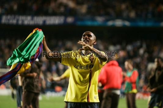 Celebrando la clasificacin para la final de Champions del 2009 en Stamford Bridge tras el Chelsea-Bara (1-1).