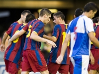 Els jugadors del filial celebren el gol de Jonathan Soriano. Fotos: Àlex Caparrós-FCB.