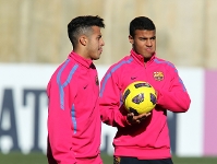Thiago i Rafinha, en l'entrenament del Barça b d'aquest divendres. Fotos: Miguel Ruiz/FCB