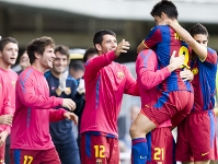 Los jugadores azulgranas celebran el gol de Nolito. Fotos: Àlex Caparrós-FCB.