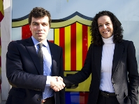 Josep Cortada, director general de la Fundació FC Barcelona, amb Tania Rausell, presidenta de Fundación Ilusiones / Make-A-Wish Spain. Foto: Àlex Caparrós - FCB