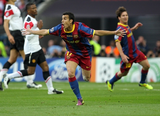 Pedro, celebrant el primer gol a la final de Wembley 2011. Fotos: Miguel Ruiz (FCB) i arxiu FCB.