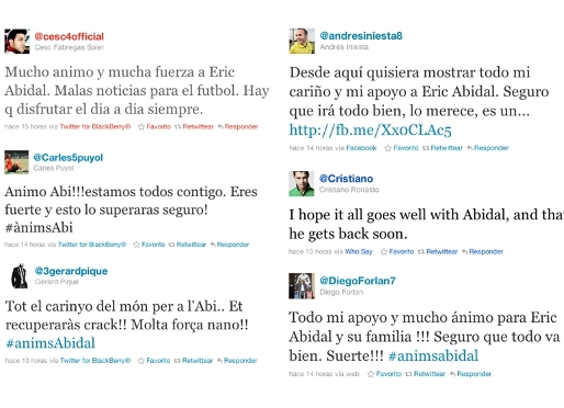 Algunos de los mensajes de apoyo publicados por varios compaeros de Abidal a travs de Twitter.