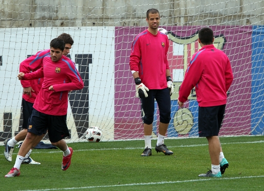 Miño i Carmona, amb Soriano i Nolito, a l'entrenament d'aquest divendres del Barça B. Fotos:Miguel Ruiz/FCB