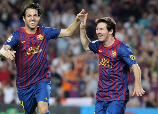 Cesc i Messi celebran uno de los goles conseguidos contra Osasuna