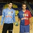 Els jugadors de l'handbol base Adr Figueras i Rodrigo Sanmiguel, amb les samarretes del FC Barcelona Borges.