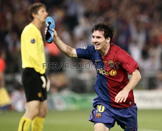 Leo Messi, feliz tras marcar el gol que sentenciaba la final de Champions 08/09.