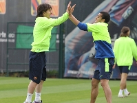 Messi i Alves, en l'entrenament d'aquest dimecres. Fotos: Miguel Ruiz (FCB).