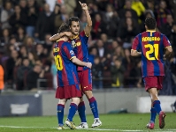 Vctor Vzquez celebra amb Messi la seva estrena golejadora amb el primer equip. Fotos: Miguel Ruiz-lex Caparrs (FCB)