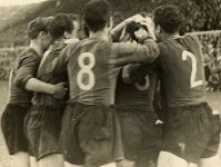 Celebraci d'un gol als anys 50. Foto: Arxiu FCB