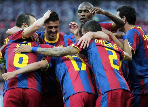 Els jugadors del Barça celebren un dels gols aconseguits a la final de Wembley
