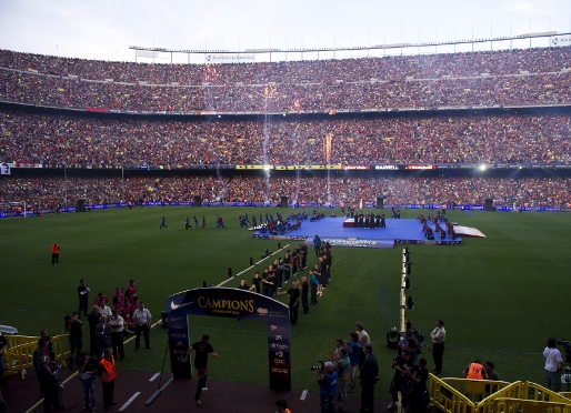 Celebracin del doblete en el Camp Nou, este domingo. Foto: lex Caparrs (FCB)