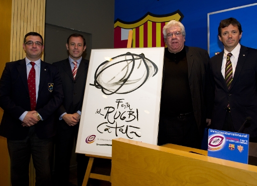 (De izquierda a derecha) Ignasi Planas, Sandro Rosell, Paul Goz y Ramn Cierco en el acto de presentacin de la Fiesta del Rugby Cataln. Foto: Alex Caparrs.