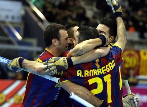 Els jugadors del Barça Sorli Discau, celebrant un dels sis gols. Foto: FEP