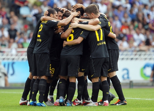 L'equip, celebrant un dels dos gols. Foto: Miguel Ruiz-FCB