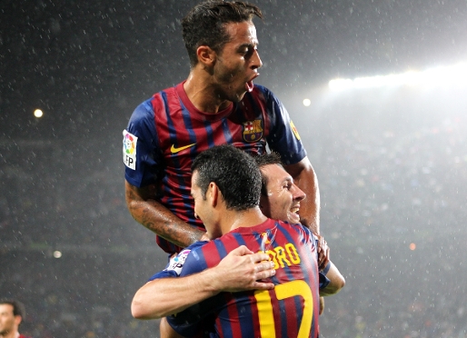 Messi, Thiago i Pedro celebran uno de los goles conseguidos esta temporada / FOTO: ARCHIVO FCB